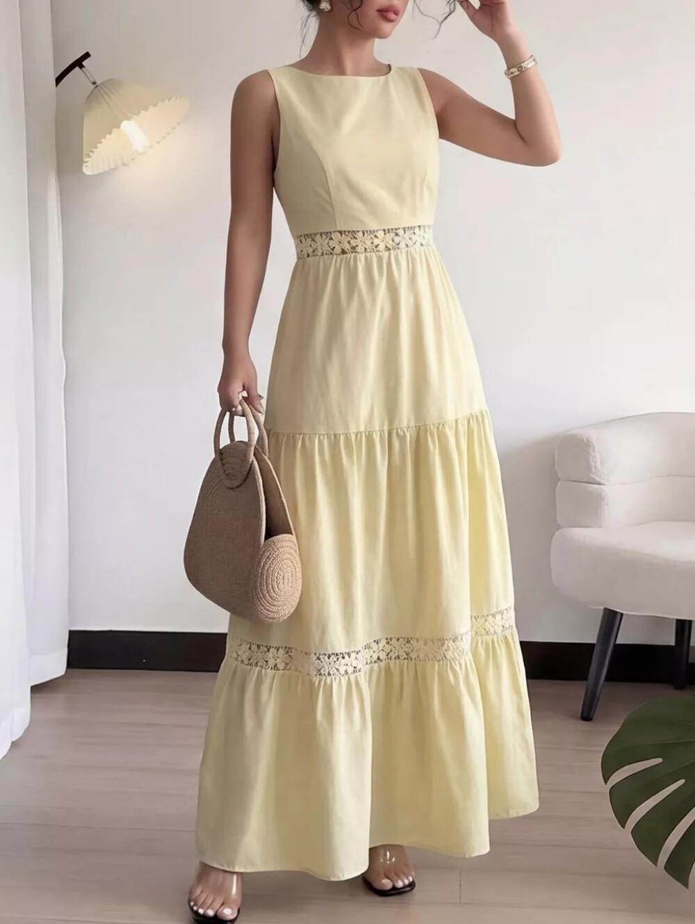 🌸Yellow Sleeveless Tiered Lace Trim Maxi Dress - Picture 1 of 3